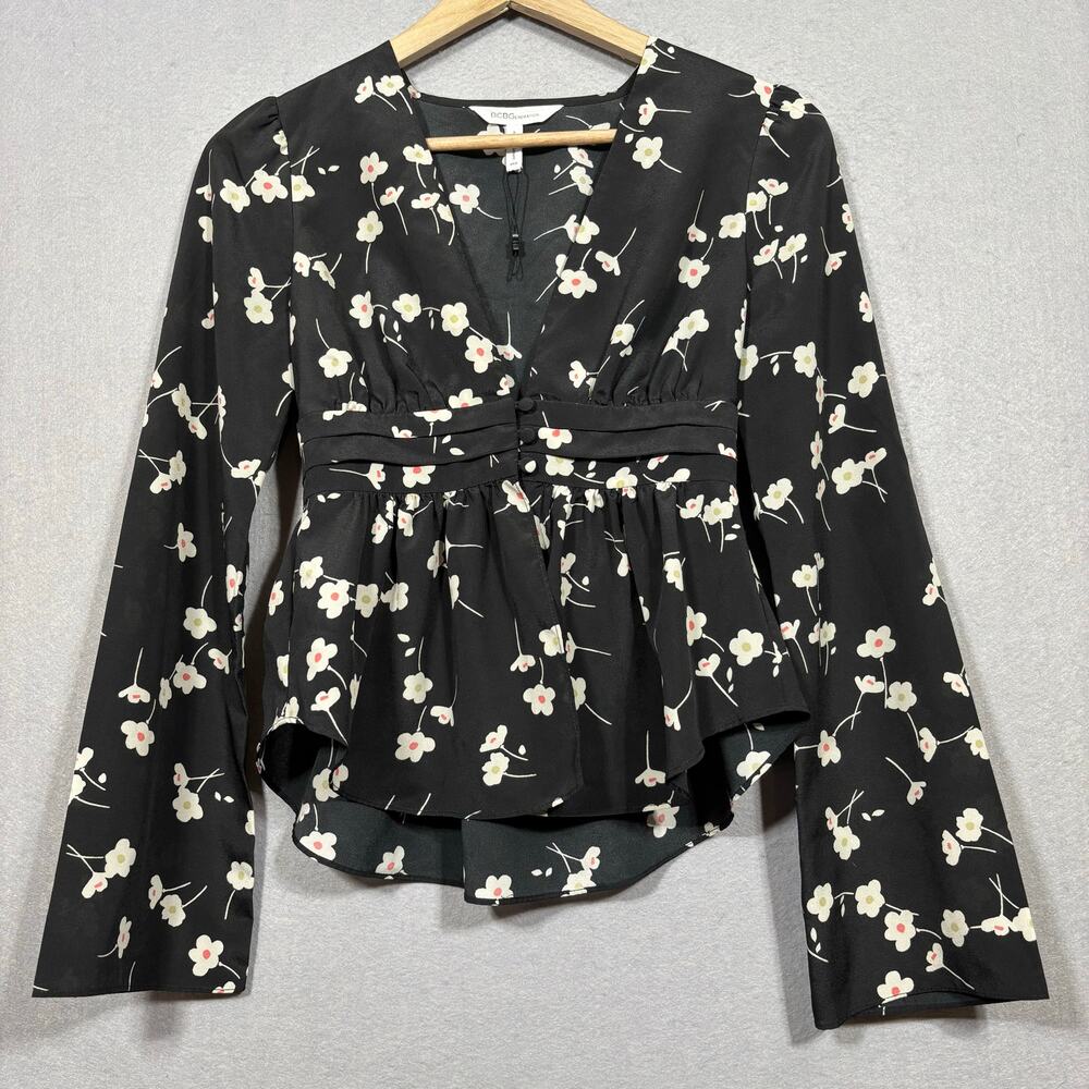 BCBG Floral‎ Peplum Babydoll Top XXS Long Sleeve Romantic Y2K Feminine Black